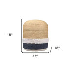 Pouf cylindrique ottoman en mélange de jute rayé naturel et bleu marine, 18 po