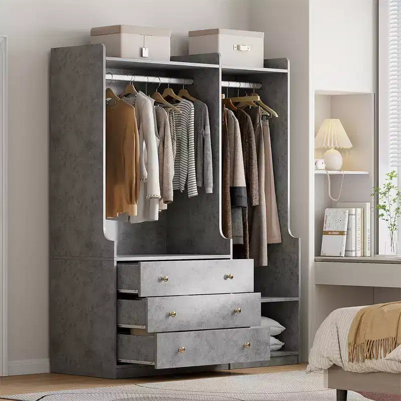 Bedroom particleboard open wardrobe, wood style, multi-zone storage cabinet