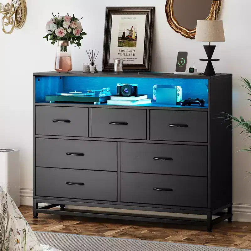 7 Drawers for Bedroom, Led Lights and Charging Station Wooden Long Dresser , Large Capacity Storage for Living Room,