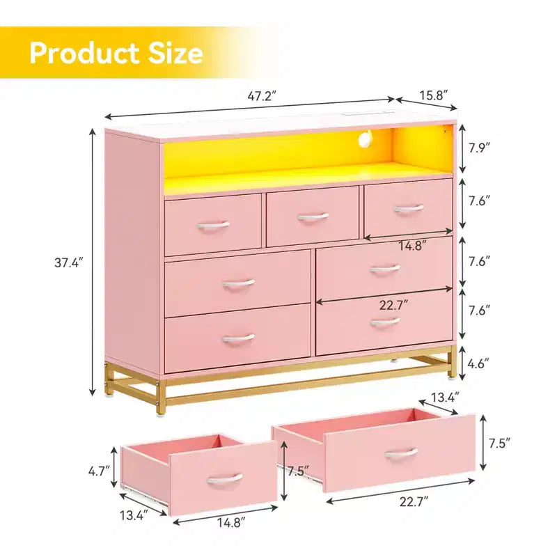 Commode 7 tiroirs pour chambre à coucher, avec lumières LED et station de charge, en bois, grand espace de rangement pour salon