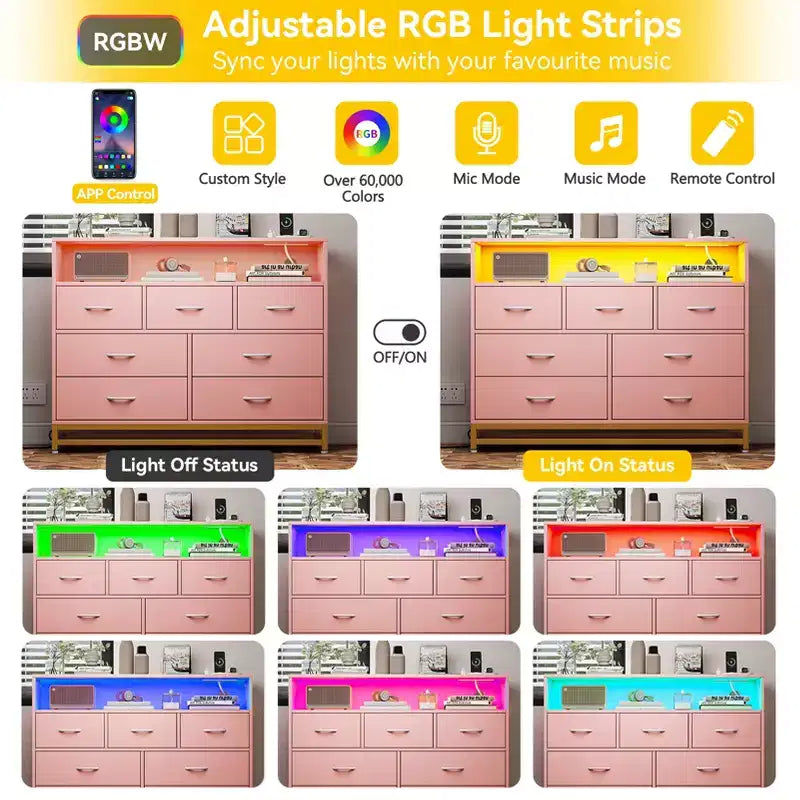 Commode 7 tiroirs pour chambre à coucher, avec lumières LED et station de charge, en bois, grand espace de rangement pour salon