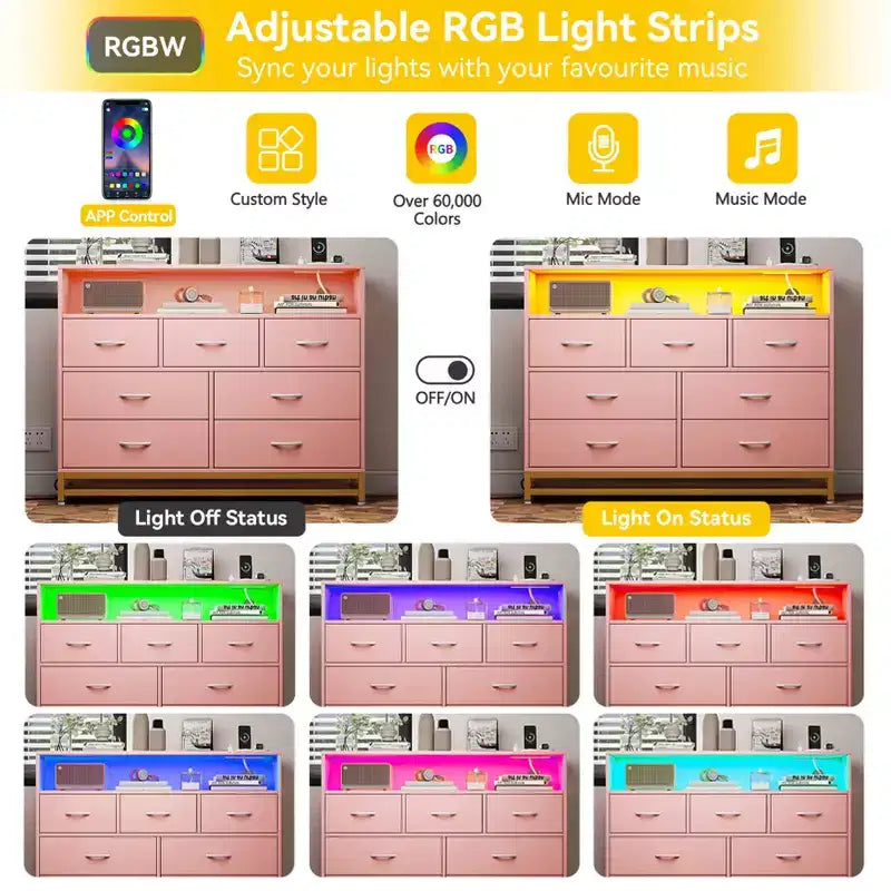 Commode 7 tiroirs pour chambre à coucher, avec lumières LED et station de charge, en bois, grand espace de rangement pour salon