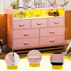 Commode 7 tiroirs pour chambre à coucher, avec lumières LED et station de charge, en bois, grand espace de rangement pour salon