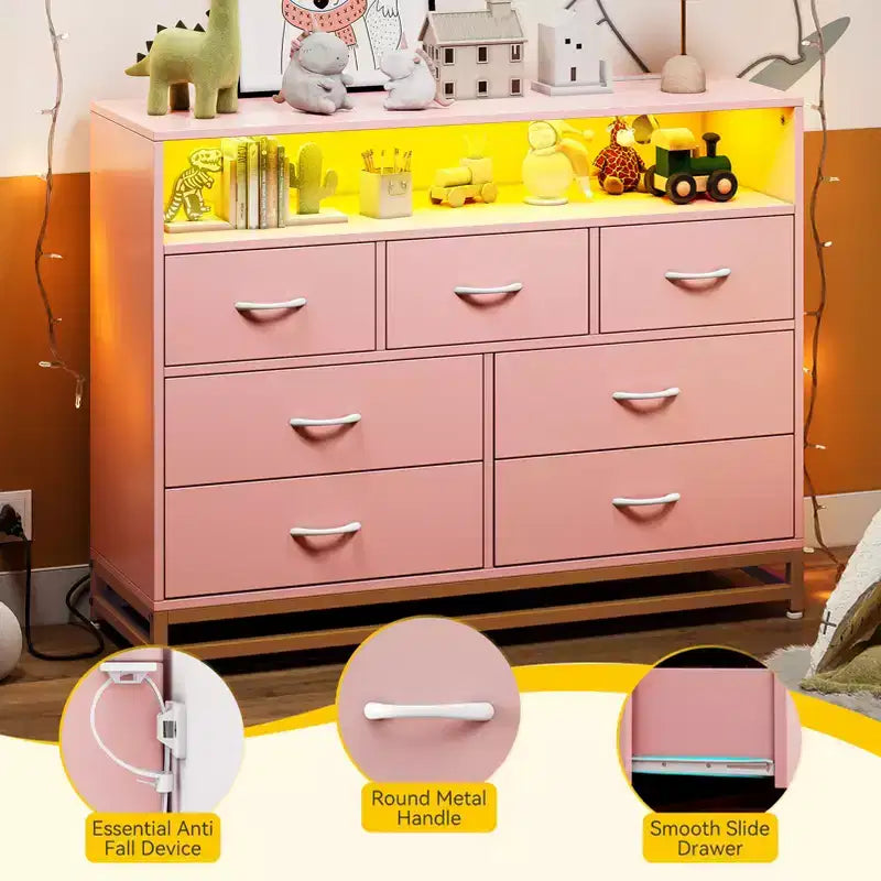 Commode 7 tiroirs pour chambre à coucher, avec lumières LED et station de charge, en bois, grand espace de rangement pour salon