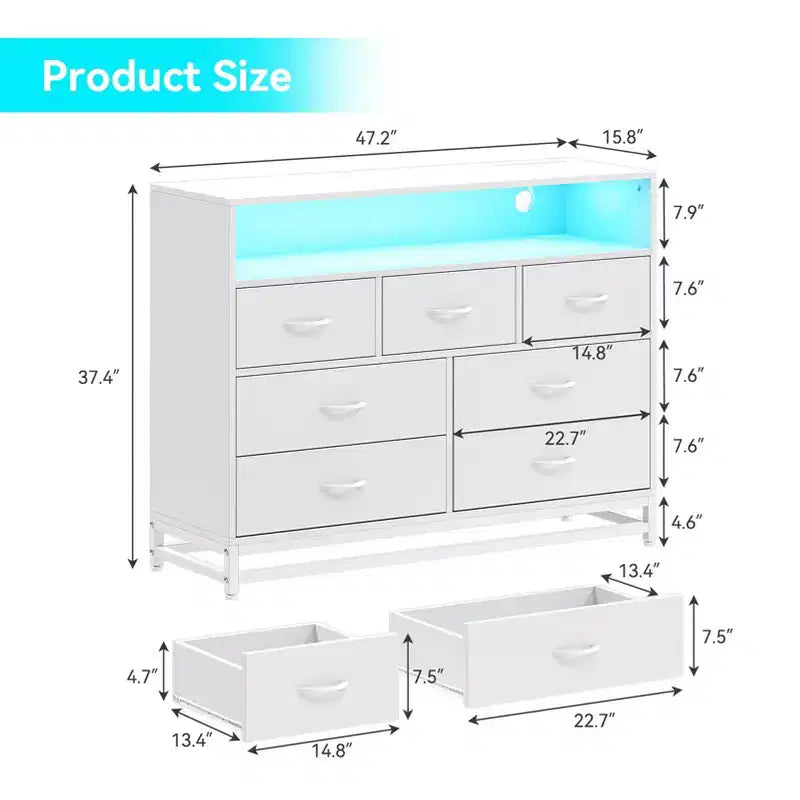 Commode 7 tiroirs pour chambre à coucher, avec lumières LED et station de charge, en bois, grand espace de rangement pour salon