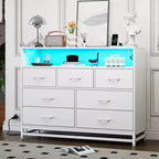 Commode 7 tiroirs pour chambre à coucher, avec lumières LED et station de charge, en bois, grand espace de rangement pour salon