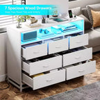 Commode 7 tiroirs pour chambre à coucher, avec lumières LED et station de charge, en bois, grand espace de rangement pour salon