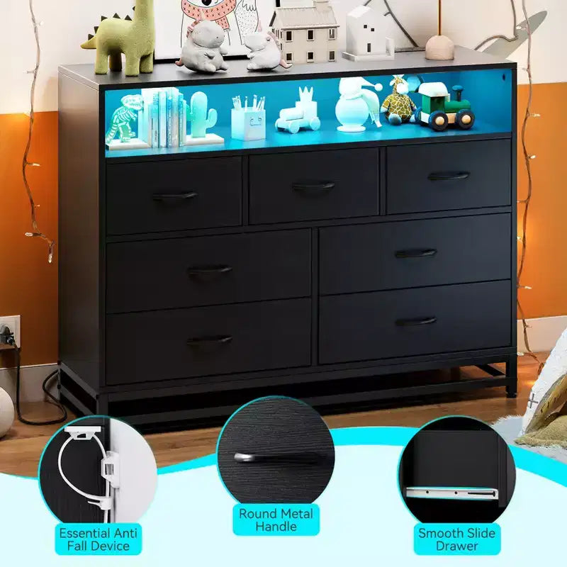 Commode 7 tiroirs pour chambre à coucher, avec lumières LED et station de charge, en bois, grand espace de rangement pour salon