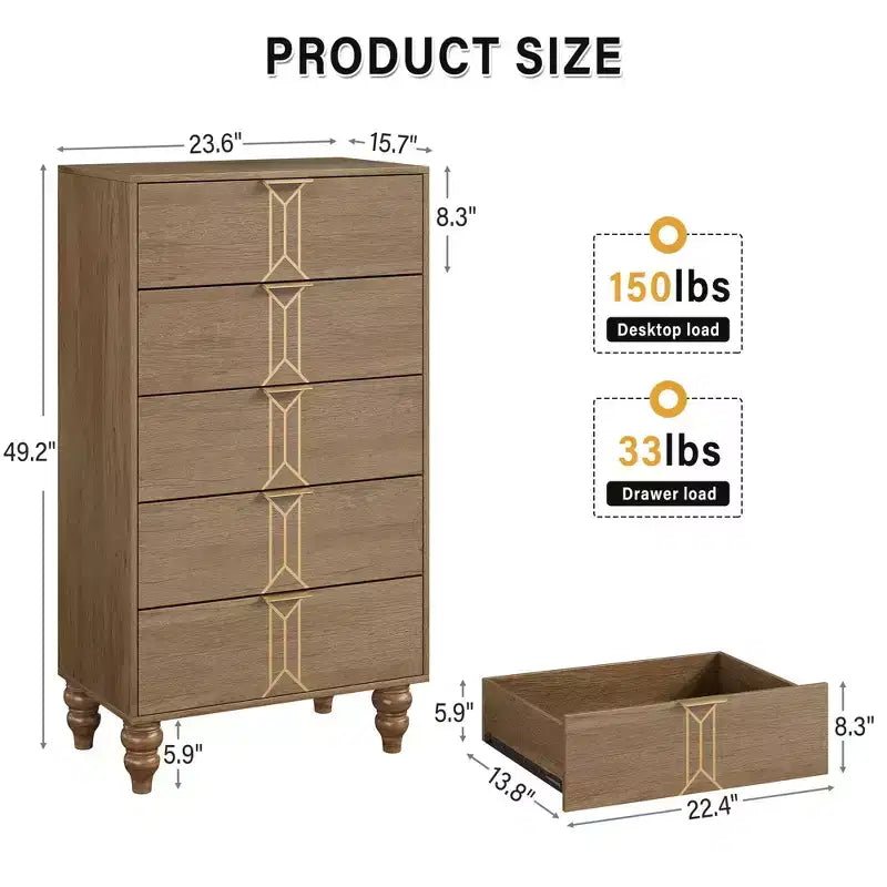 Commode de Chambre à 5 Tiroirs de Rangement Commode Haute Moderne avec Tiroirs Profonds pour Chambre