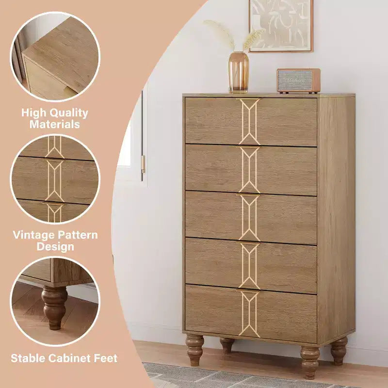 Commode de Chambre à 5 Tiroirs de Rangement Commode Haute Moderne avec Tiroirs Profonds pour Chambre