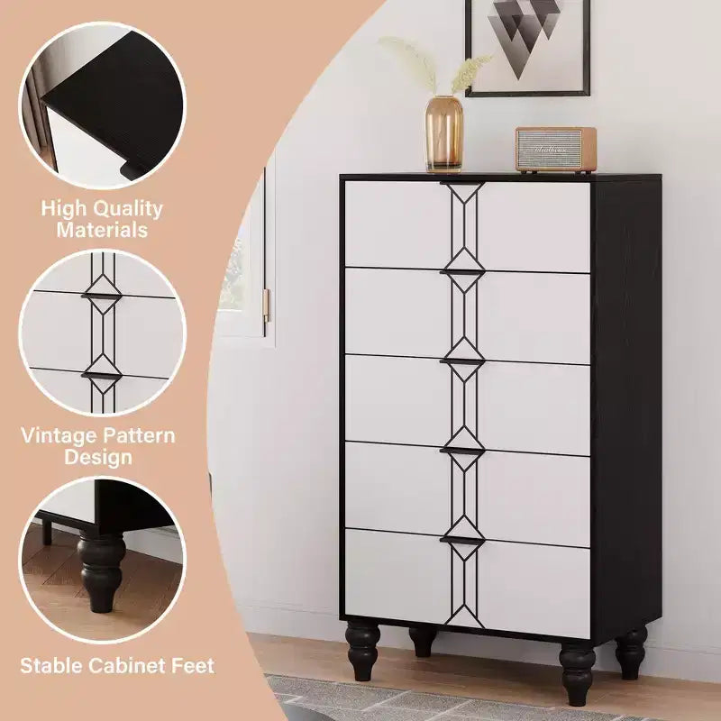 Commode de Chambre à 5 Tiroirs de Rangement Commode Haute Moderne avec Tiroirs Profonds pour Chambre