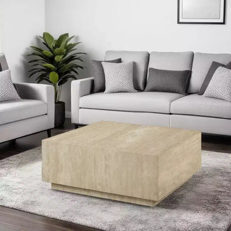 Royal Hampton Coffee Table, 35 Inch Square Travertine Top, Natural Wood Beige