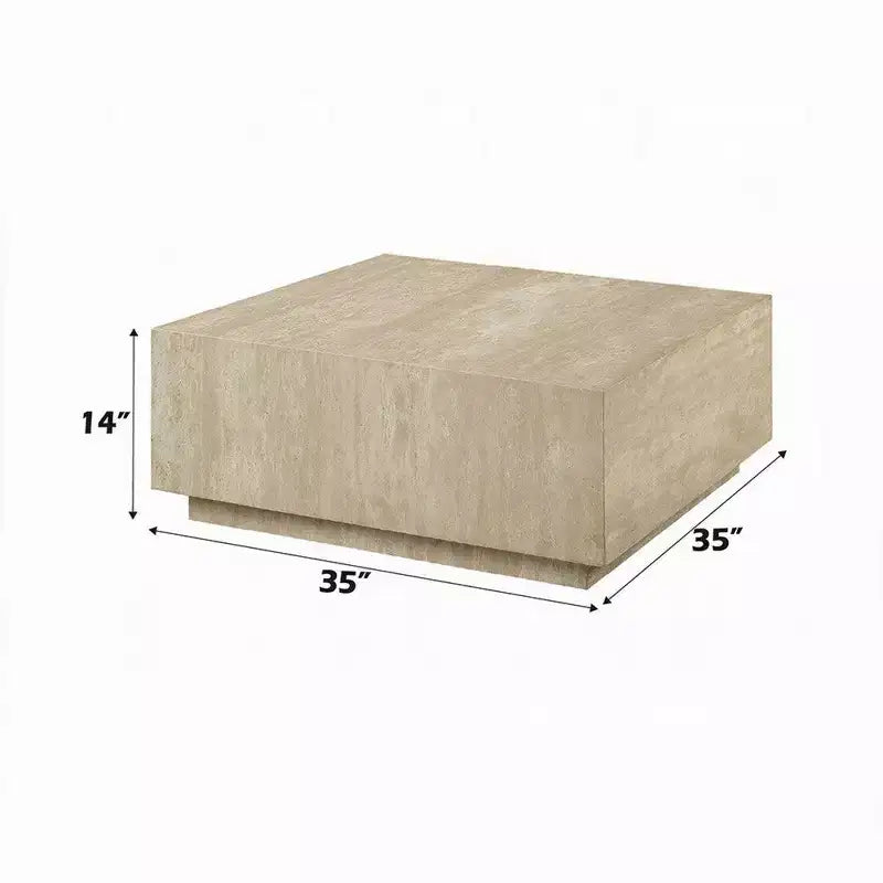 Table basse, plateau carré en travertin de 35 pouces, bois naturel beige