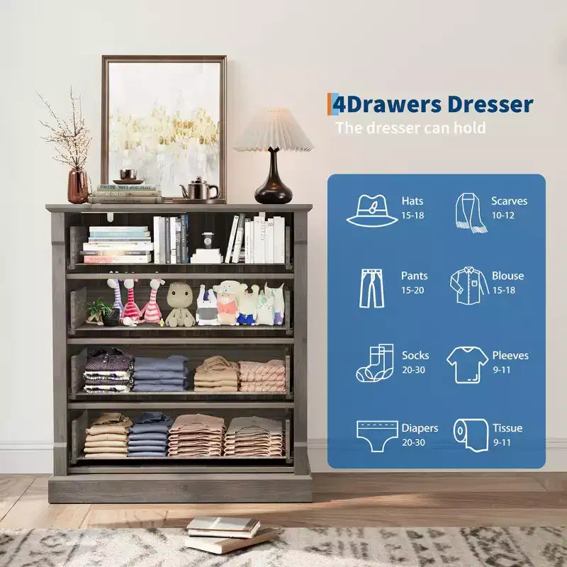 Commode 4 Tiroirs pour Chambre à Coucher, Armoire Haute de Style Ferme avec Poignées en Métal, Armoire en Bois Rustique pour Salon, Couloir