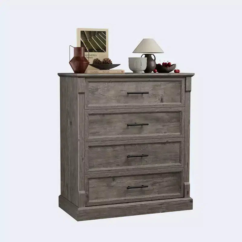 4 Drawer Dresser for Bedroom, Tall Cabinet in Farmhouse Style with Metal Handles, Rustic Wooden Wardrobe for Living Room, Hallway