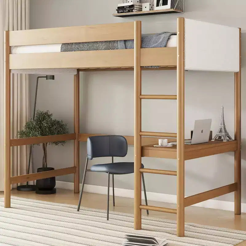 Twin Size Loft Bed with Built-in Desk, Boucle Upholstered Headboard/Footboard, Rubber Wood Bed Frame, Natural - ModernLuxe