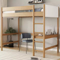 Twin Size Loft Bed with Built-in Desk, Boucle Upholstered Headboard/Footboard, Rubber Wood Bed Frame, Natural - ModernLuxe