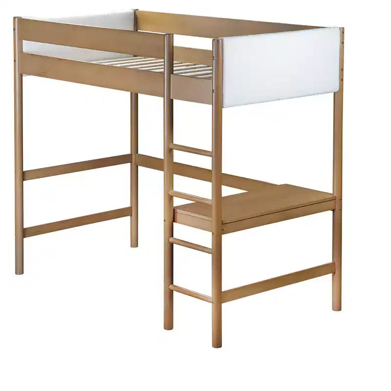 Lit mezzanine double avec bureau intégré, tête et pied de lit rembourrés en bouclette, cadre de lit en bois d'hévéa, couleur naturelle