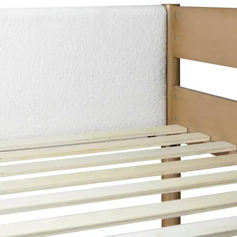 Lit mezzanine double avec bureau intégré, tête et pied de lit rembourrés en bouclette, cadre de lit en bois d'hévéa, couleur naturelle
