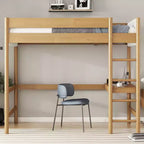 Lit mezzanine double avec bureau intégré, tête et pied de lit rembourrés en bouclette, cadre de lit en bois d'hévéa, couleur naturelle