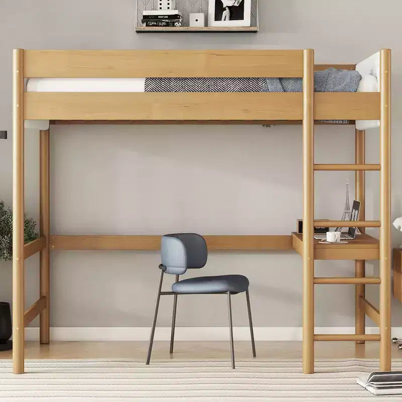Lit mezzanine double avec bureau intégré, tête et pied de lit rembourrés en bouclette, cadre de lit en bois d'hévéa, couleur naturelle