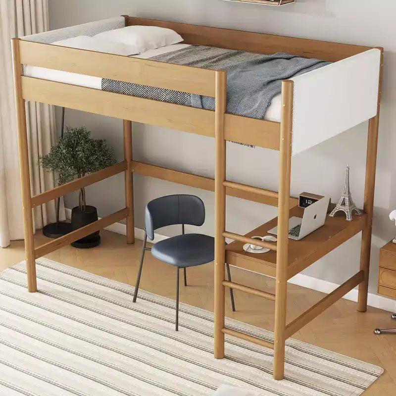 Lit mezzanine double avec bureau intégré, tête et pied de lit rembourrés en bouclette, cadre de lit en bois d'hévéa, couleur naturelle
