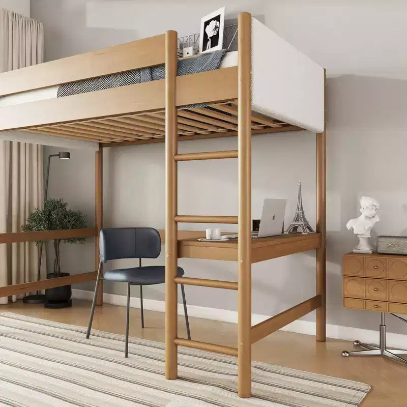 Lit mezzanine double avec bureau intégré, tête et pied de lit rembourrés en bouclette, cadre de lit en bois d'hévéa, couleur naturelle
