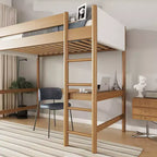 Lit mezzanine double avec bureau intégré, tête et pied de lit rembourrés en bouclette, cadre de lit en bois d'hévéa, couleur naturelle