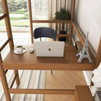 Lit mezzanine double avec bureau intégré, tête et pied de lit rembourrés en bouclette, cadre de lit en bois d'hévéa, couleur naturelle