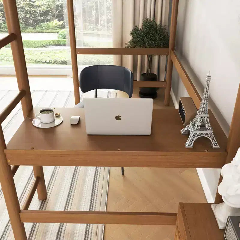 Lit mezzanine double avec bureau intégré, tête et pied de lit rembourrés en bouclette, cadre de lit en bois d'hévéa, couleur naturelle