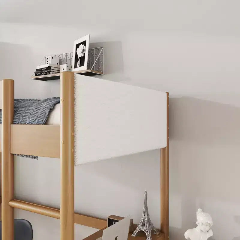 Lit mezzanine double avec bureau intégré, tête et pied de lit rembourrés en bouclette, cadre de lit en bois d'hévéa, couleur naturelle
