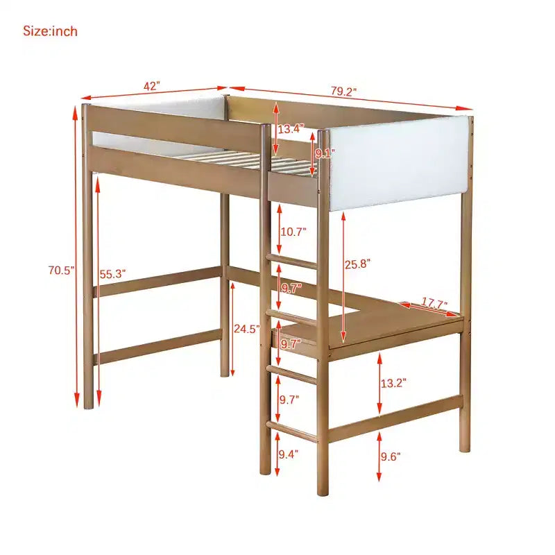 Lit mezzanine double avec bureau intégré, tête et pied de lit rembourrés en bouclette, cadre de lit en bois d'hévéa, couleur naturelle