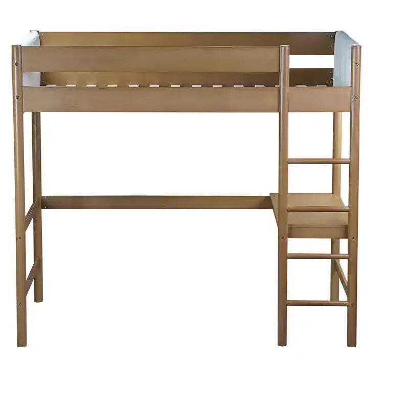 Lit mezzanine double avec bureau intégré, tête et pied de lit rembourrés en bouclette, cadre de lit en bois d'hévéa, couleur naturelle