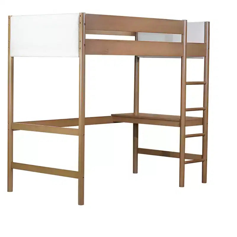 Lit mezzanine double avec bureau intégré, tête et pied de lit rembourrés en bouclette, cadre de lit en bois d'hévéa, couleur naturelle