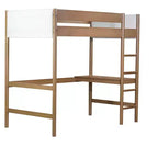 Lit mezzanine double avec bureau intégré, tête et pied de lit rembourrés en bouclette, cadre de lit en bois d'hévéa, couleur naturelle