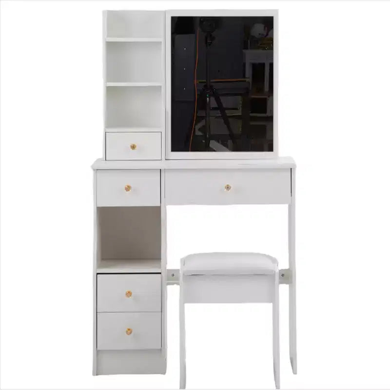 Petite coiffeuse avec tiroir gauche, miroir coulissant extra-large, tabouret rembourré, plusieurs couches et grande capacité.