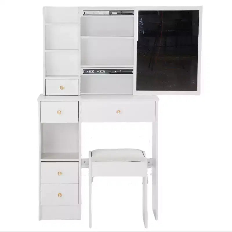 Petite coiffeuse avec tiroir gauche, miroir coulissant extra-large, tabouret rembourré, plusieurs couches et grande capacité.