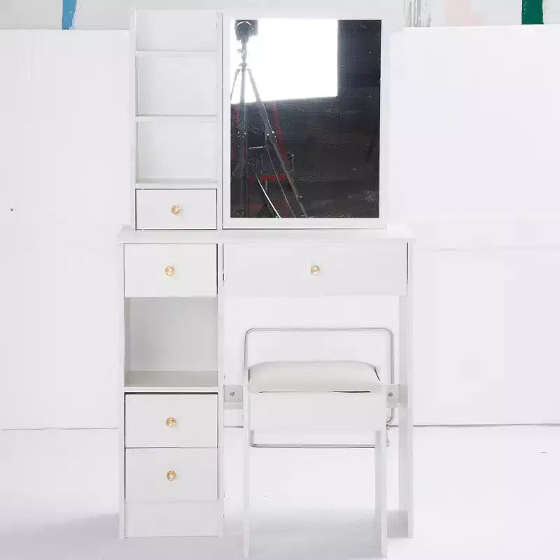 Petite coiffeuse avec tiroir gauche, miroir coulissant extra-large, tabouret rembourré, plusieurs couches et grande capacité.