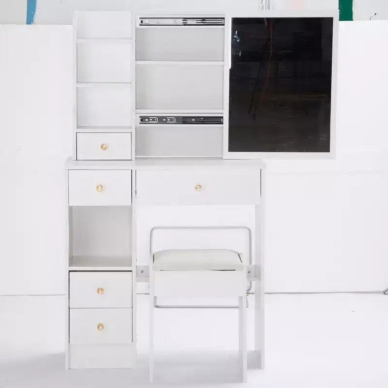 Petite coiffeuse avec tiroir gauche, miroir coulissant extra-large, tabouret rembourré, plusieurs couches et grande capacité.