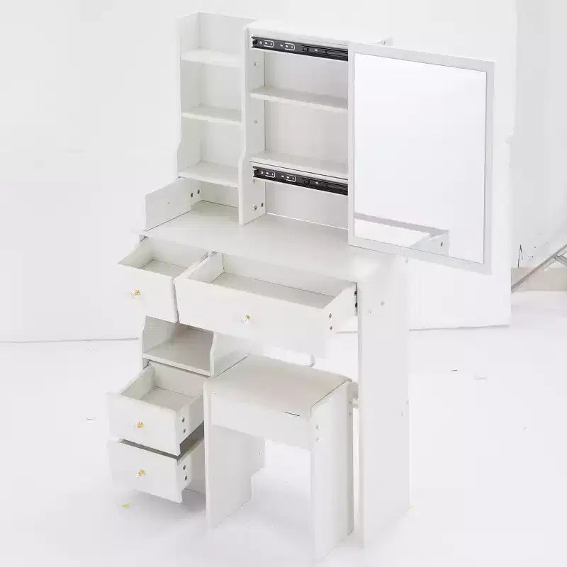 Petite coiffeuse avec tiroir gauche, miroir coulissant extra-large, tabouret rembourré, plusieurs couches et grande capacité.