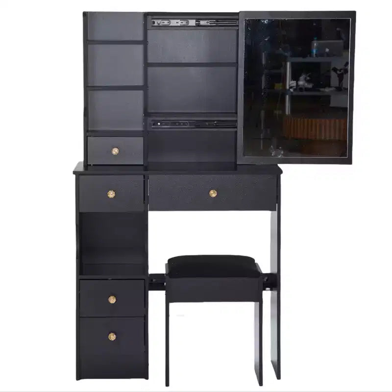 Petite coiffeuse avec tiroir gauche, miroir coulissant extra-large, tabouret rembourré, plusieurs couches et grande capacité.