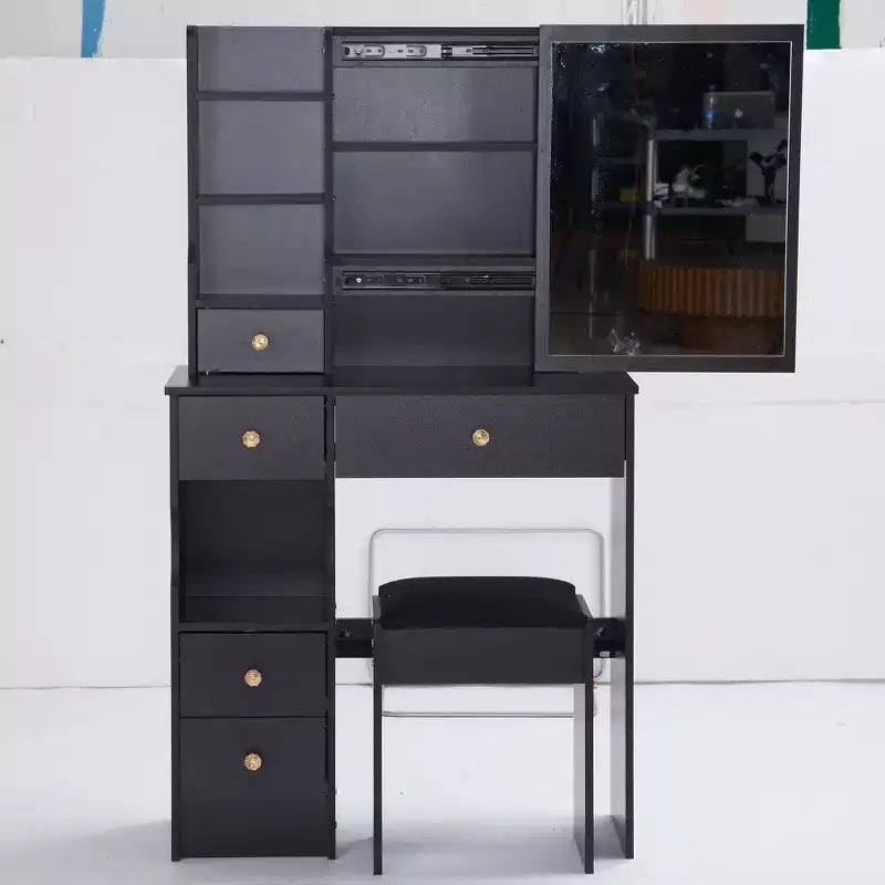 Petite coiffeuse avec tiroir gauche, miroir coulissant extra-large, tabouret rembourré, plusieurs couches et grande capacité.