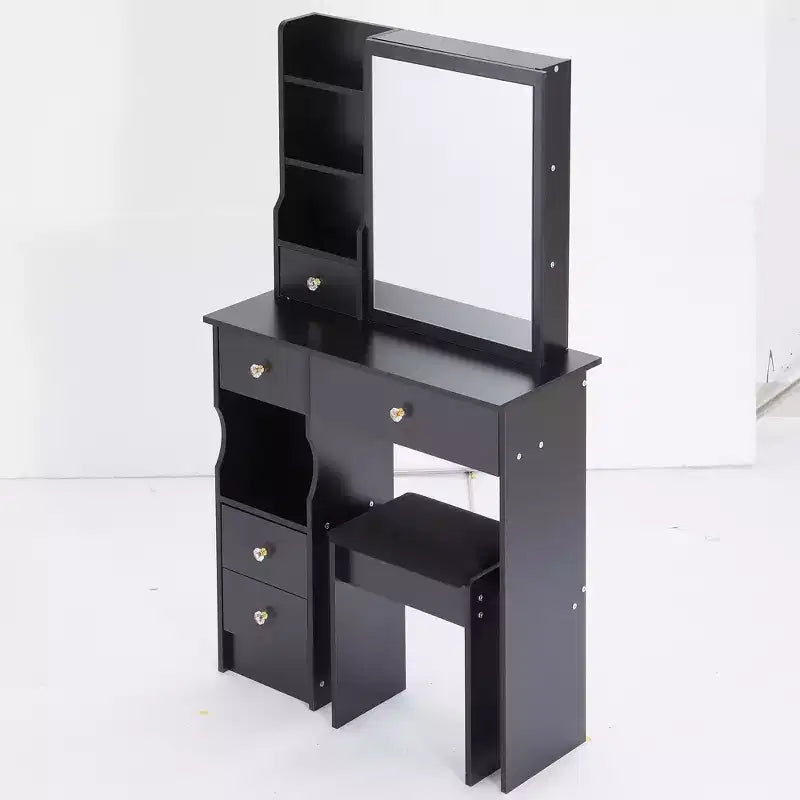 Small vanity table with left drawer, extra-large sliding mirror, cushioned stool, multiple layers and large capacity.