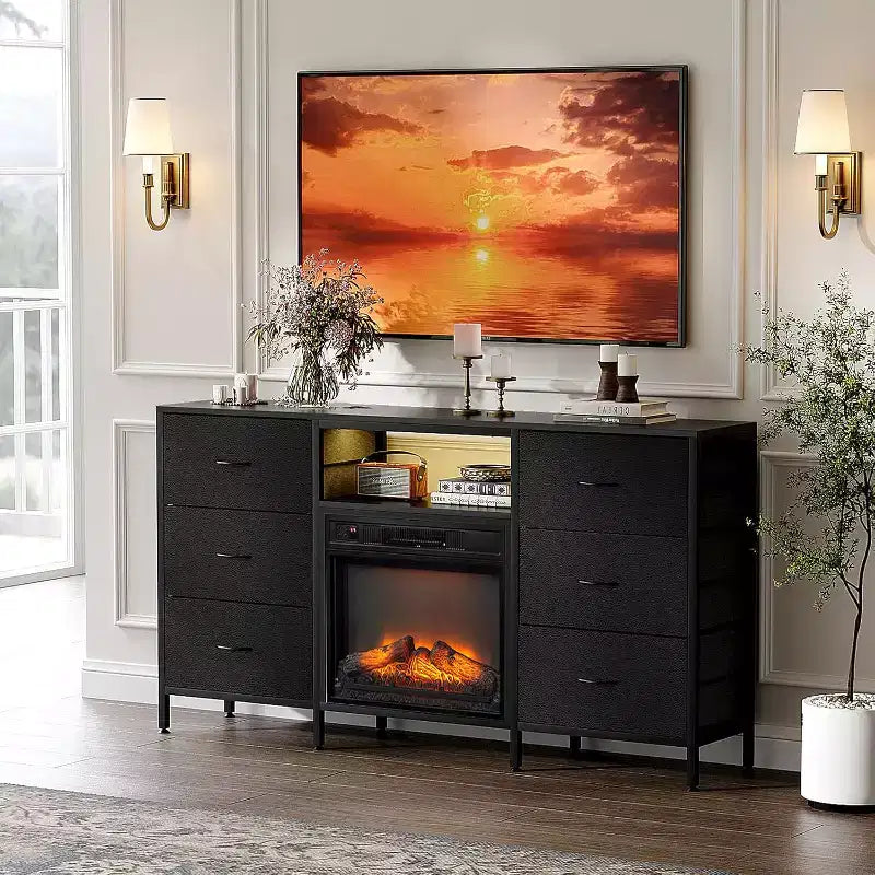 VINGLI Fireplace TV Stand Dresser with Fabric Drawer, Entertainment Center with LED Lights and Industrial TV Console Table with Open Storage Shelves