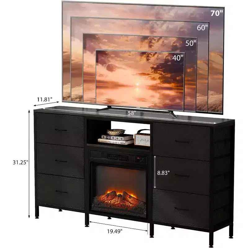 Meuble TV de cheminée VINGLI avec tiroir en tissu, centre de divertissement avec lumières LED et meuble TV console industriel avec étagères de rangement ouvertes