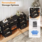 Meuble TV cheminée avec commode et tiroir en tissu, meuble multimédia avec éclairage LED et console TV de style industriel avec étagères de rangement ouvertes