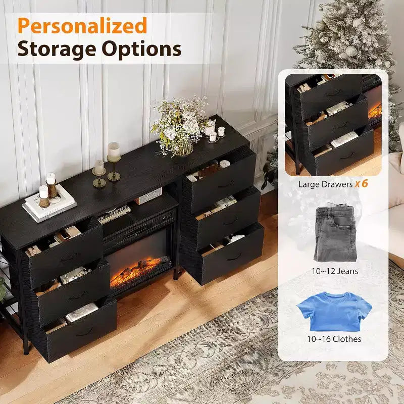 Meuble TV de cheminée VINGLI avec tiroir en tissu, centre de divertissement avec lumières LED et meuble TV console industriel avec étagères de rangement ouvertes