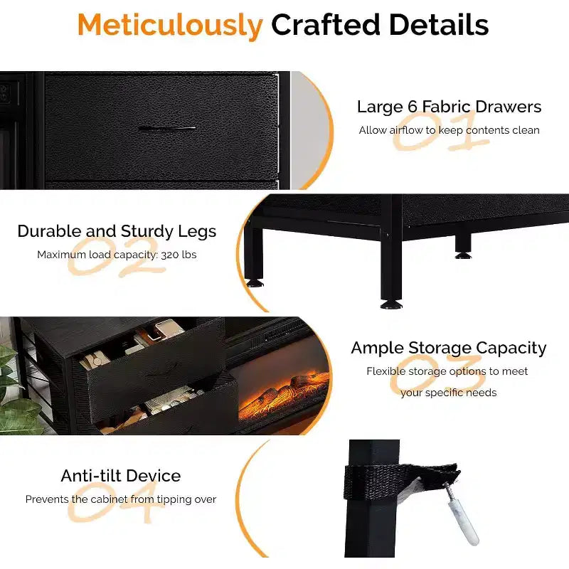 Meuble TV de cheminée VINGLI avec tiroir en tissu, centre de divertissement avec lumières LED et meuble TV console industriel avec étagères de rangement ouvertes