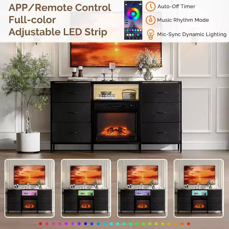 Meuble TV de cheminée VINGLI avec tiroir en tissu, centre de divertissement avec lumières LED et meuble TV console industriel avec étagères de rangement ouvertes