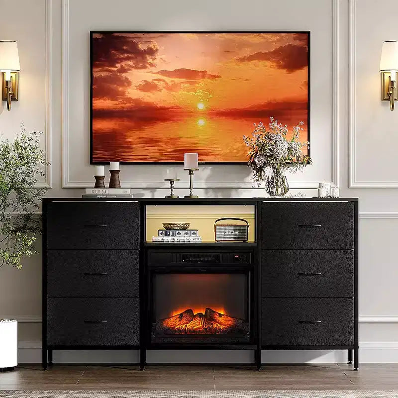 Meuble TV de cheminée VINGLI avec tiroir en tissu, centre de divertissement avec lumières LED et meuble TV console industriel avec étagères de rangement ouvertes